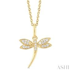 10 Karat Yellow Gold Single Cut 0.10 Ct Diamond Dragonfly Pendant 18 Inch