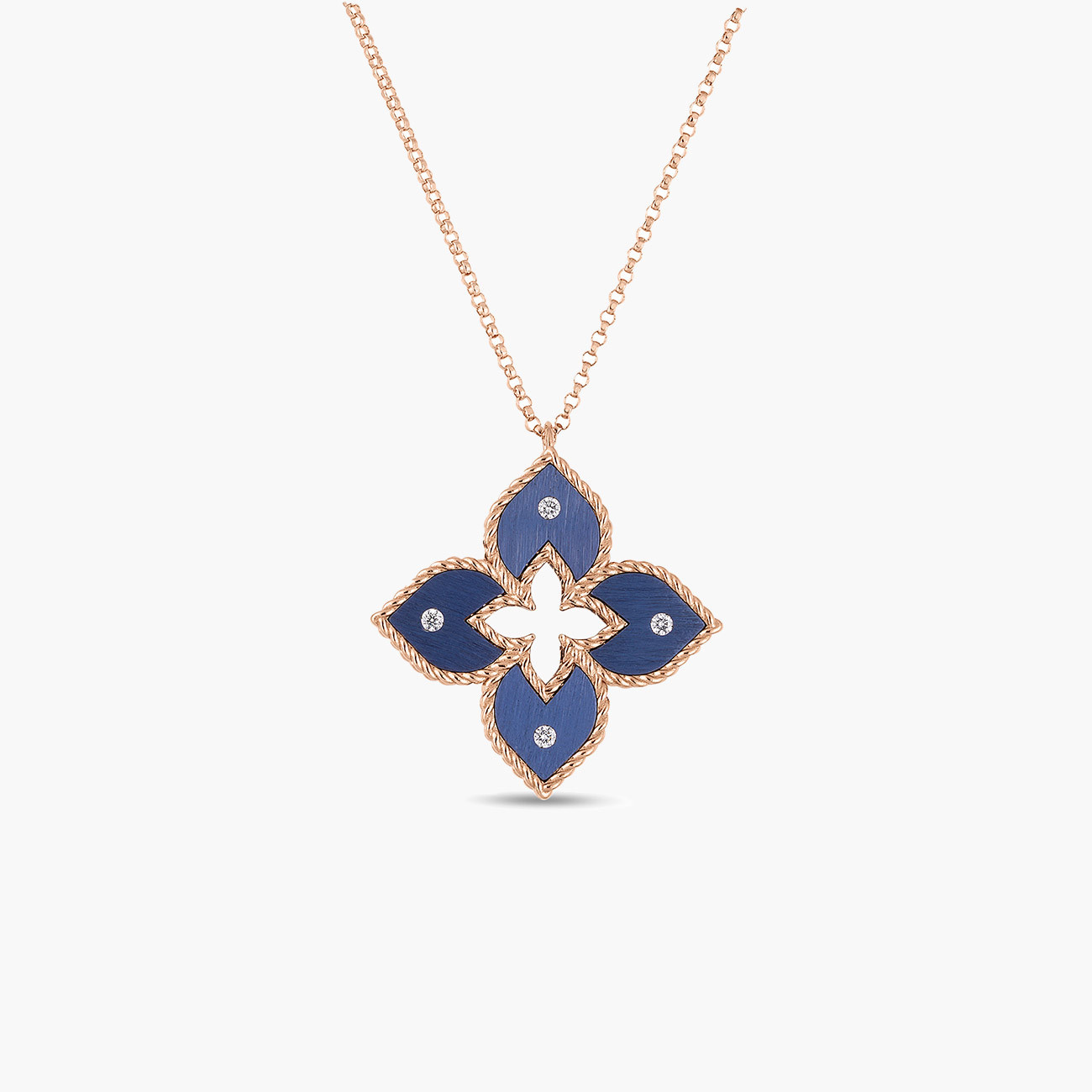 Roberto Coin 18 Karat Rose Gold Venetian Princess Small Blue Titanium And Diamond Flower 0.04 Ct Pendant  17 inch