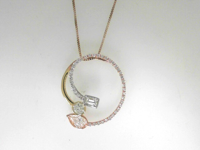 14 Karat Tri-Color Gold Pendant With One 0.38Ct Pear Diamond, One 0.12Ct Baguette Diamond And 0.506 Twt ROUND Diamonds on 18