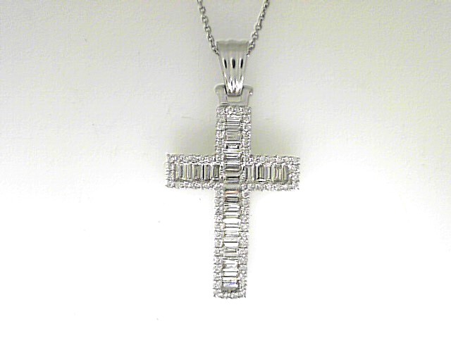 14 Karat White Gold Cross Pendant 28=1.38tw Baguette Diamonds & 0.51tw Round Diamonds