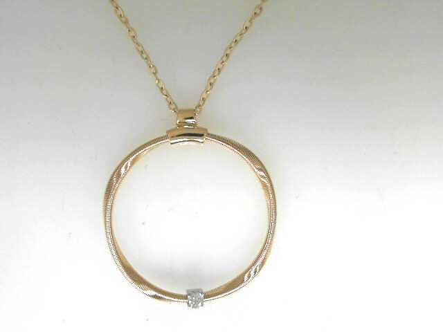14 Karat Yellow/White Gold Twisted Circle Pendant With One 0.06Ct Round Diamond N
Width Of Circle 27mm 
Length: 18