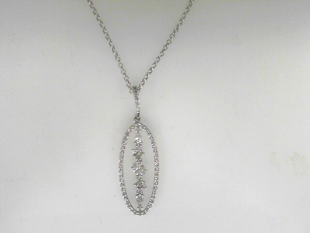 14 Karat White Gold Pendant With 2=0.07tw Baguette Diamonds, 2=0.17tw Pear Diamonds,
One 0.25ct Oval Diamond And 0.52tw Round Diamonds 18