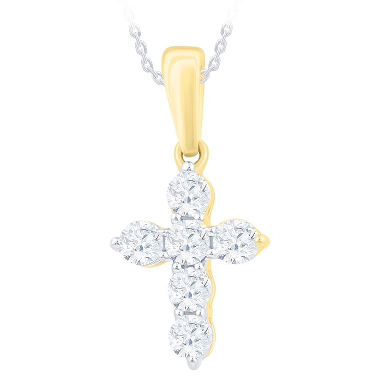 14 KaratYellow Gold Cross With Bail Pendant With 6=1.02Tw Round Diamonds 
Length: 18 Yellow Gold Chain