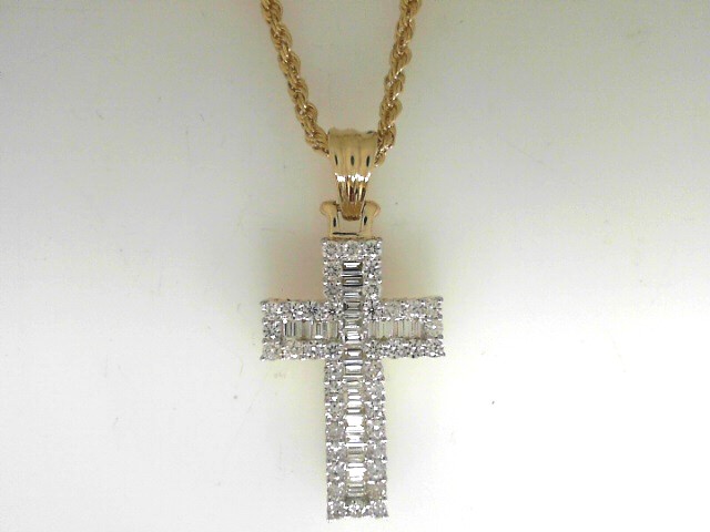 14 Karat Yellow Gold Cross Pendant With 24=0.62Tw Baguette  Diamonds And 38=1.07Tw Round Diamonds On 2mm Rope Chain
Length: 18