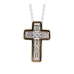 14 Karat Yellow Gold Cross Pendant With 5=0.53Tw Baguette Diamonds And 2=0.07Tw Round  Diamonds
Length: 18
