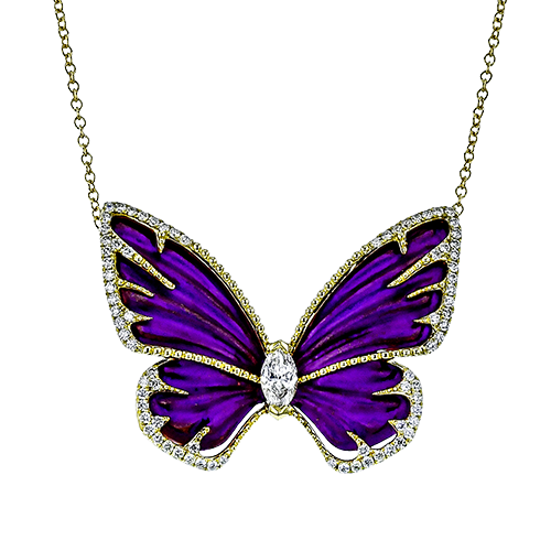 Simon G 18 Karat Yellow Gold/Titanium Pink MIlgrain Butterfly And 0.49 ct Diamond Pendant 
19 Inch