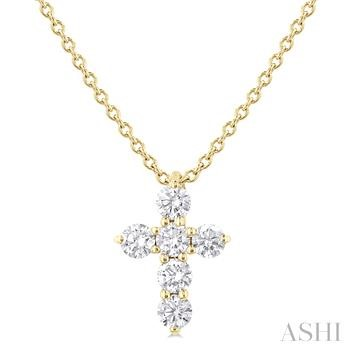 14 Karat Yellow Gold Cross Pendant With 6 Round Brilliant Cut Diamonds on 18