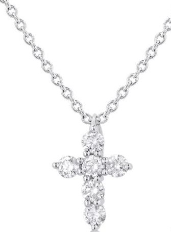 14 Karat White Gold Cross Pendant With 6=0.15Tw Round Brilliant Diamonds On 18