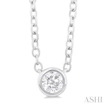 10 Karat White Gold Round Shape East-West Bezel Set Petite Round Brilliant Cut Diamond Fashion Pendant 0.15 Ct
Length: 18 Inch