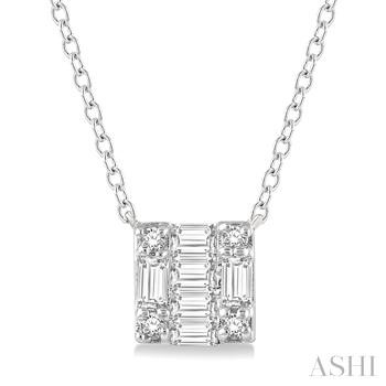 10 Karat White Gold Fusion Petite Pendant With 0.12Tw Round & Baguette Shape Diamonds On Cable Link Chain 18
