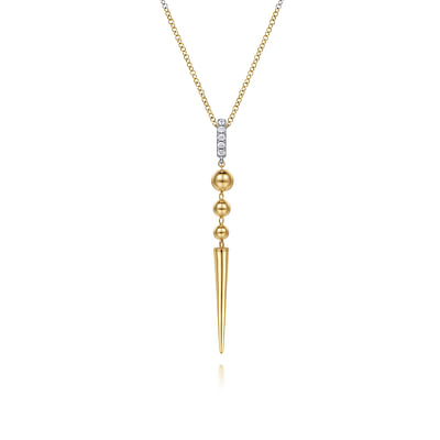 Gabriel & Co14 Karat White/Yellow Gold Bujukan Bullet and Diamond Drop Necklace-0.05ct
Length:17.5