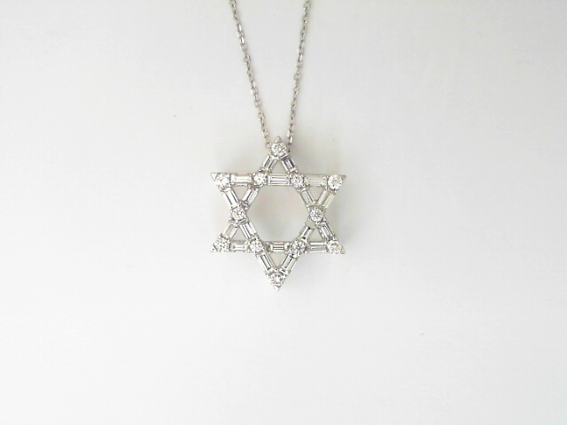 14 Karat White Gold Round Brilliant Cut Dimaond And Bagguette Cut Diamond Star Of David Pendant 0.83 Cts 
Length: 18 Inch