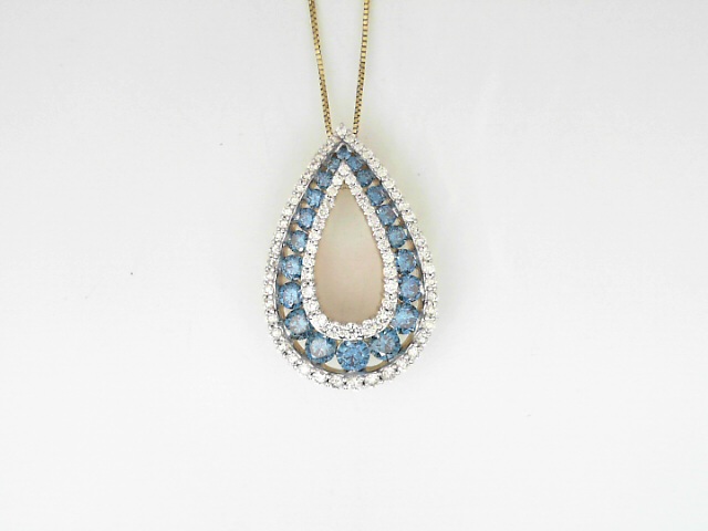 14 Karat Yellow Gold Treated Blue/ White Round Brilliant Cut Diamond Pendant 1.78 Cts 
Length: 18 Inch