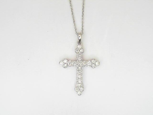 14 Karat White Gold Round Brilliant Cut Diamond Cross 0.64 Cts 
Length: 18 Inch