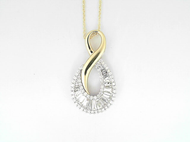 14 Karat Yellow And White Gold Round Brilliant And Baguette Cut Diamond Pendant 1.45 Cts
 Length: 18 Inch