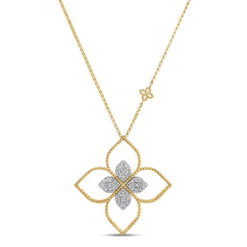 Roberto Coin 18 Karat Yellow And White Gold Princess Flower Open Frame Pavé Diamond Necklace 0.43 Cts
Length: 16-18 Inch