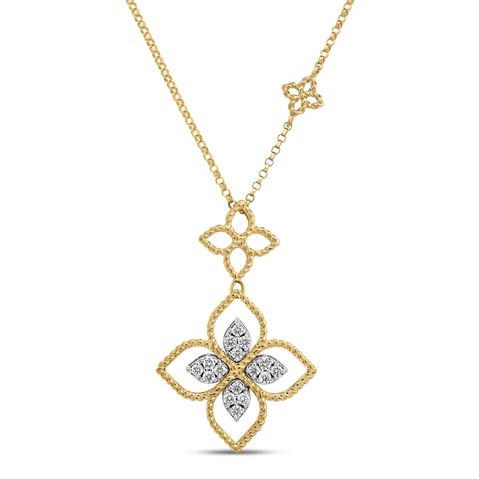 Roberto Coin 18 Karat Yellow And White Gold Princess Flower Open Frame Pavé Diamond Necklace 0.15 Cts
Length: 16-18 Inch