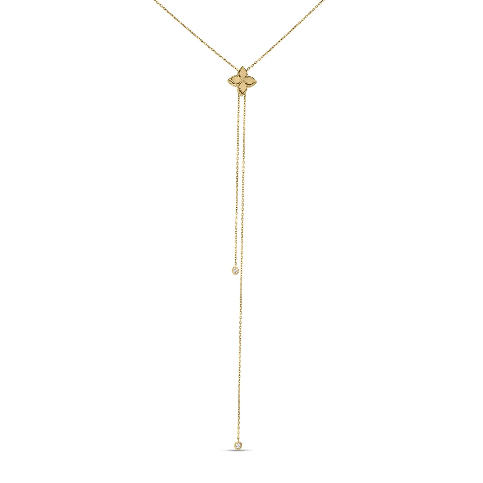 Roberto Coin 18 Karat Yellow Gold Princess Flower Diamond Accent Lariat Necklace 0.07 Cts
Length: Adjustable To 23 Inch