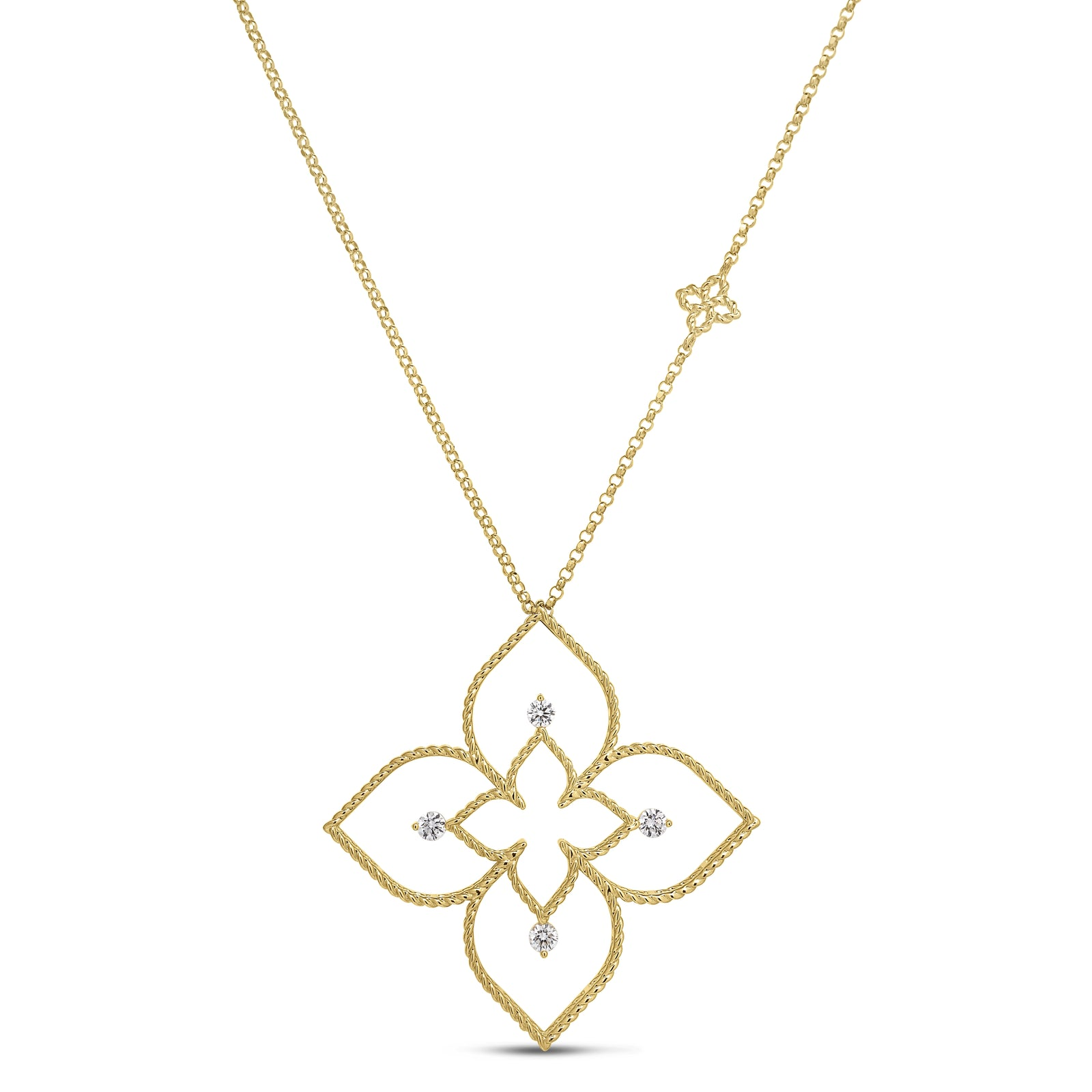 Roberto Coin 18 Karat Yellow Gold Princess Flower Open Frame Diamond Necklace 0.07 Cts 
Length: 16 - 18 Inch