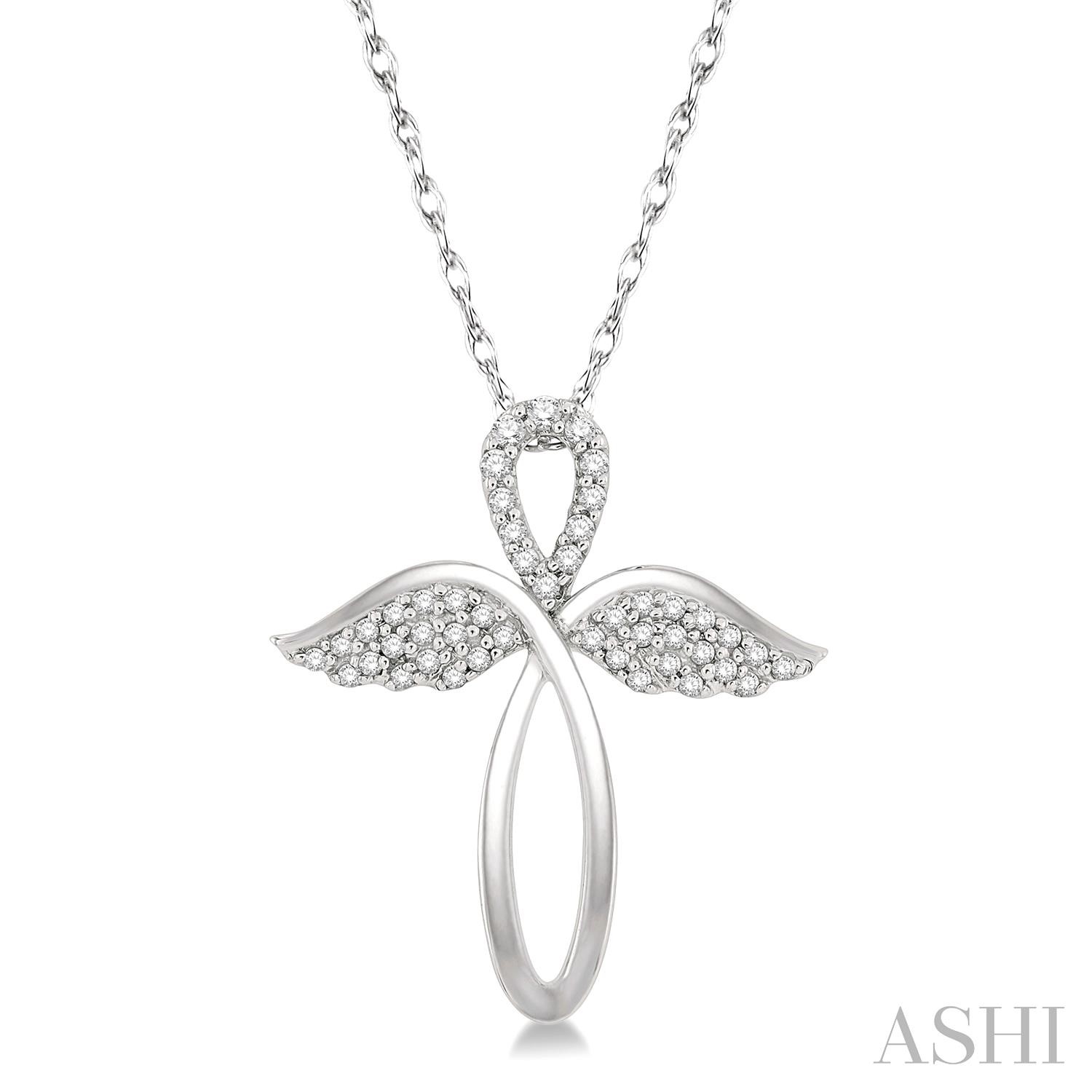 10 Karat White Gold Diamond Angel Wing Cross 0.15 Ct
 18 inch