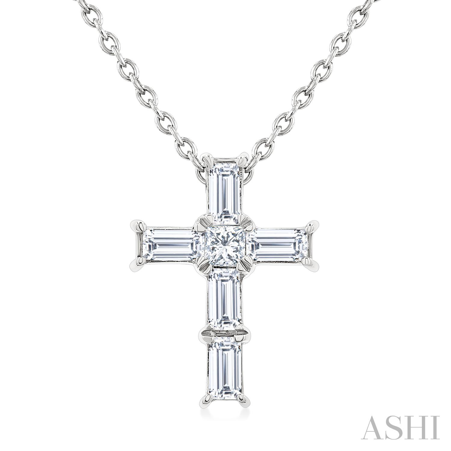 14 Karat White Gold Princess And Baguette Cut Daimond Cross  0.15 ct 
18 inch