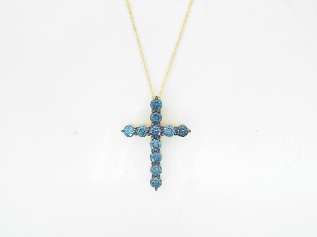 14 Karat Yellow Gold Round Brillaint Cut Treated Blue Diamond Cross 0.97 Cts
Length: 18 Inch