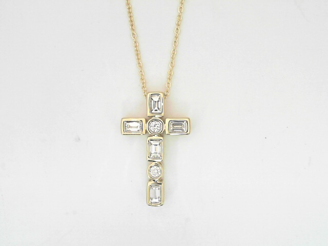 14 Karat Yellow Gold Baguette Cut And Round Brillaint Cut Diamond Cross 0.65 Cts
Length: 18 Inch