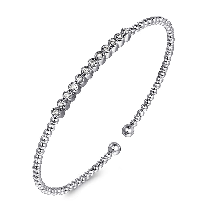 Gabriel & Co 14 Karat White Gold Bujukan Bead Diamond Bangle 0.15 Ct 
Size 6.25