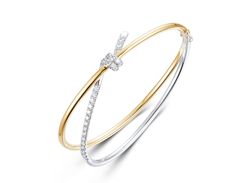 14 Karat Yellow/White Gold Crossover Bangle Bracelet With Double Twist With 28= Round Diamonds