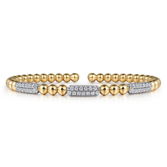 Gabriel & Co 14 Karat White and Yellow Gold Diamond Pave Three Station Bar Bujukan Beads Split Bangle Bracelet 0.52Tw