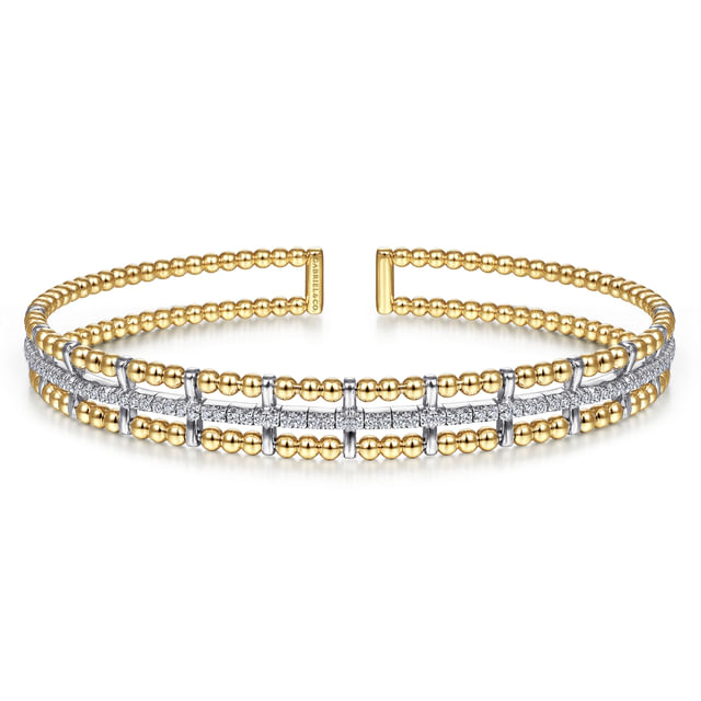 Gabriel & Co 14 Karat Yellow and White Gold Bujukan Diamond Cuff Bangle 0.36Tw