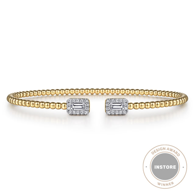 Gabriel & Co14 Karat Yellow Gold Bujukan Open Cuff Bracelet with Diamond Baguettes 0.33Tw