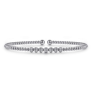 14 Karat White Gold Bujukan Bead and Cluster Diamond Bangle-0.13Ct