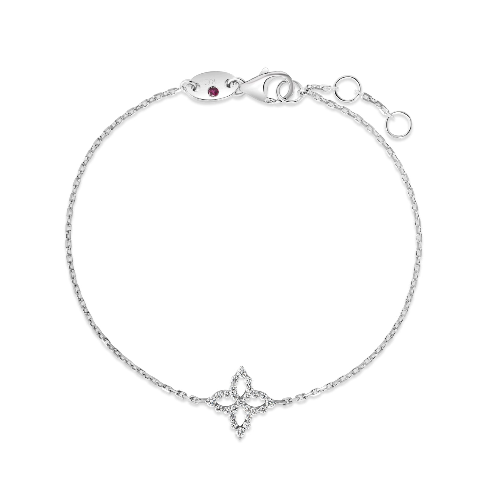 Roberto Coin 18 Karat White Gold Diamond Princess Outline Tapered Flower Bracelet 0.13 Cts 
Length: 7.25 Inch