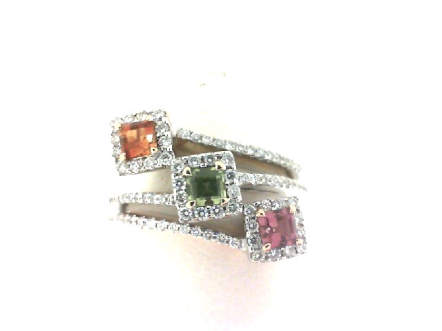 18 Karat Tri-Gold Ring With 98=0.38Tw Round Diamonds And 3=0.63Tw Princess Tourmaline,
Peridot And Citrine
