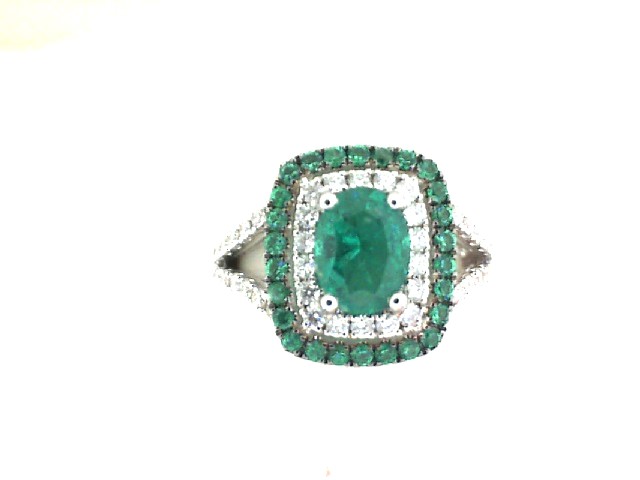 18 Karat White  Gold Fashion Ring With One 0.90Ct Oval Emerald, 26=0.18Tw Round Emeralds And .46 Twt Diamonds