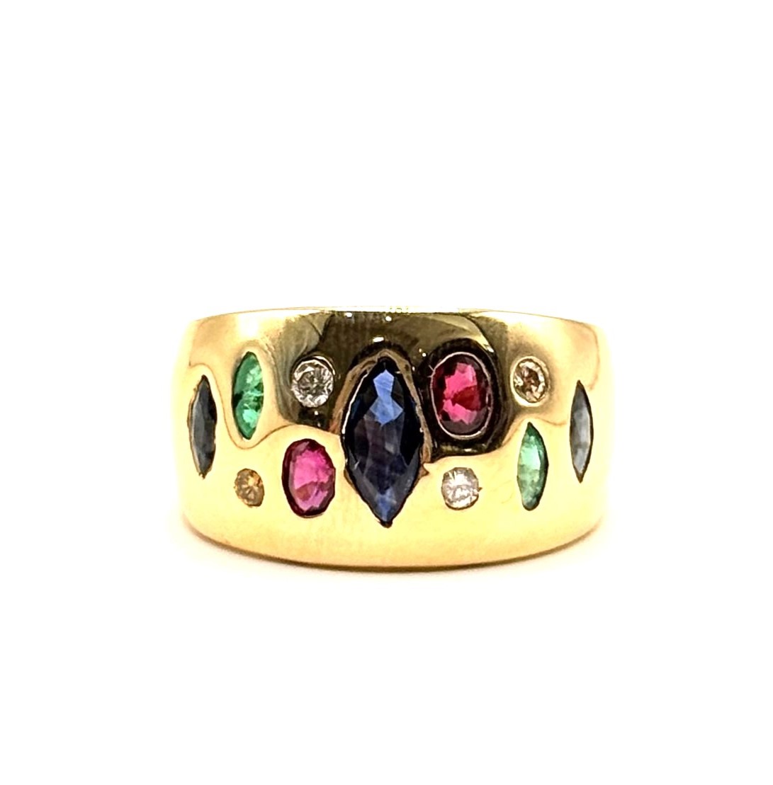 Estate 14 Karat Yellow Gold  Sapphire, Ruby, Emerald & diamond Ring  (AS IS) 
Size 8.25