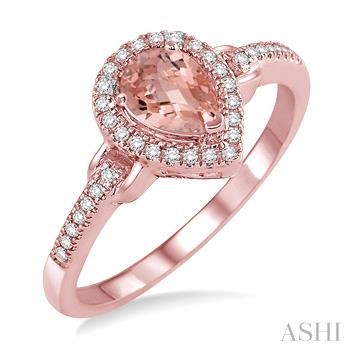 10 Karat  Rose Gold Ring With One 7.00X5.00mm Pear Morganite And 36=0.15Tw Round Diamonds