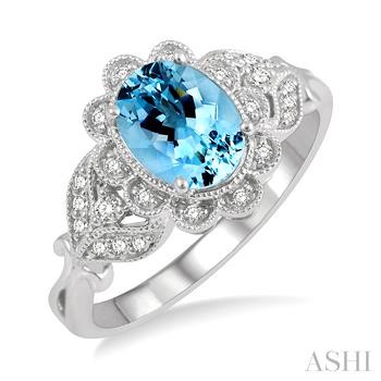 14 Karat White Gold 8 X 6mm Oval Aquamarine And 0.15 Ct Diamond Ring