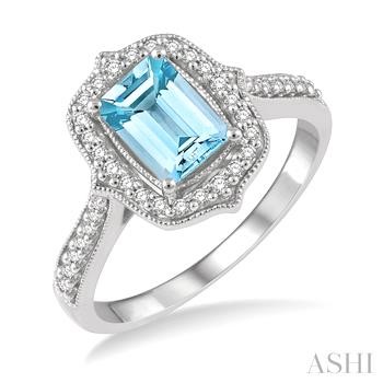 14 Karat White Gold 8 X 6  Cushion Cut Aquamarine And 0.25 Ct Diamond Ring