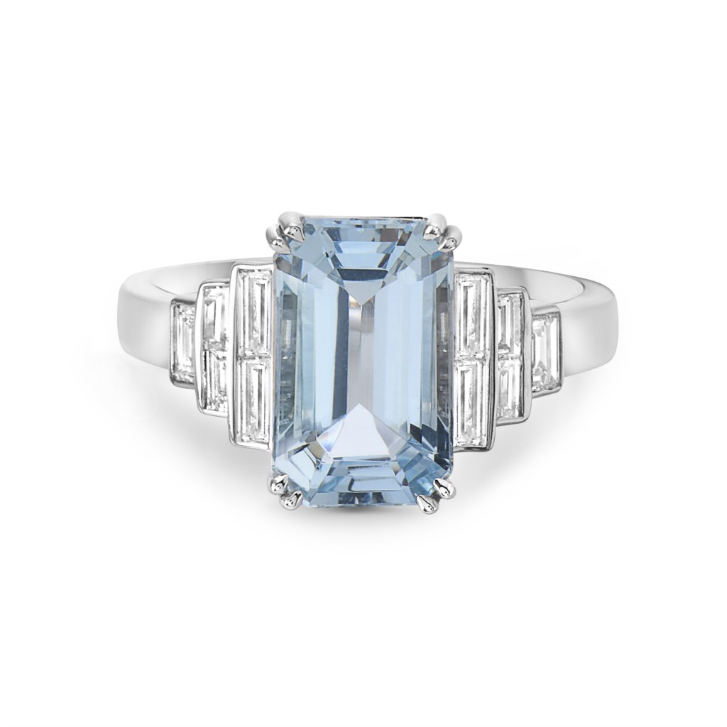 Charles Krypell 18 Karat White Gold 2.82 Ct Emerald Cut Aqamarine And Baguette Cut 0.61 Ct Diamond Ring