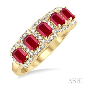 14 Karat Yellow Gold Emerald Shape 4X3 MM Ruby And 1/2 Ct Round Cut Diamond Wedding Band