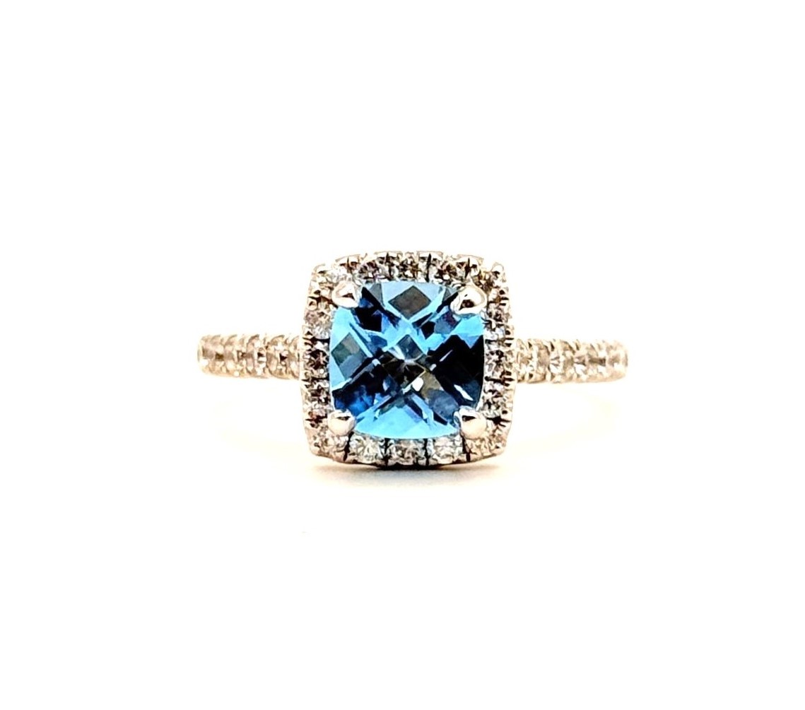 Estate 14 Karat White Gold 7mm  Blue Topaz Diamond Halo Ring  0.67 Ct (AS IS)