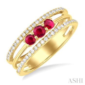 10 Karat Yellow Gold Round Ruby And 0.25 Ct Diamond Tripe Row Band Size 6.5