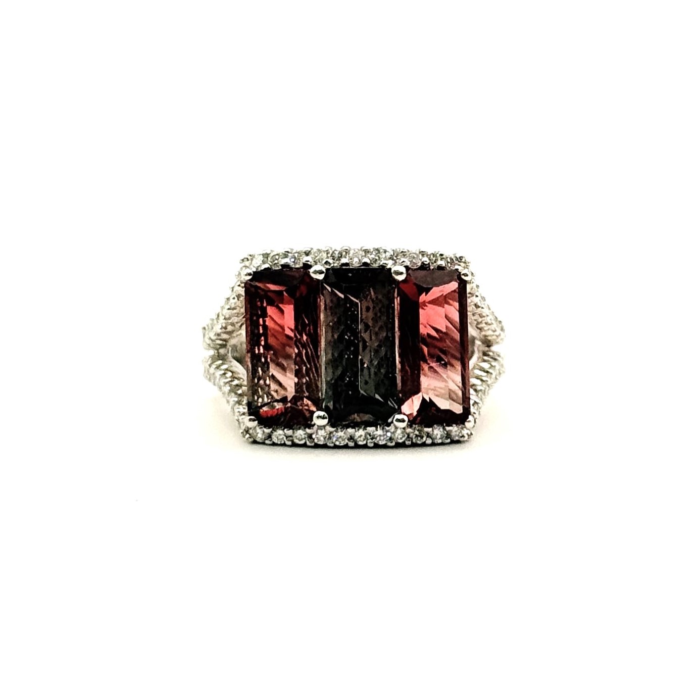 ESTATE 18 Karat White Gold  Ring With 0.53Tw Round Diamonds And 4.46Tw Emerald Cut Tourmalines (AS IS)
Ring Size 6