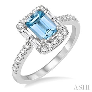 14 Karat White Gold 7 X 5mm  Emerald Cut Aquamarine And 0.50 Ct  Diamond Ring