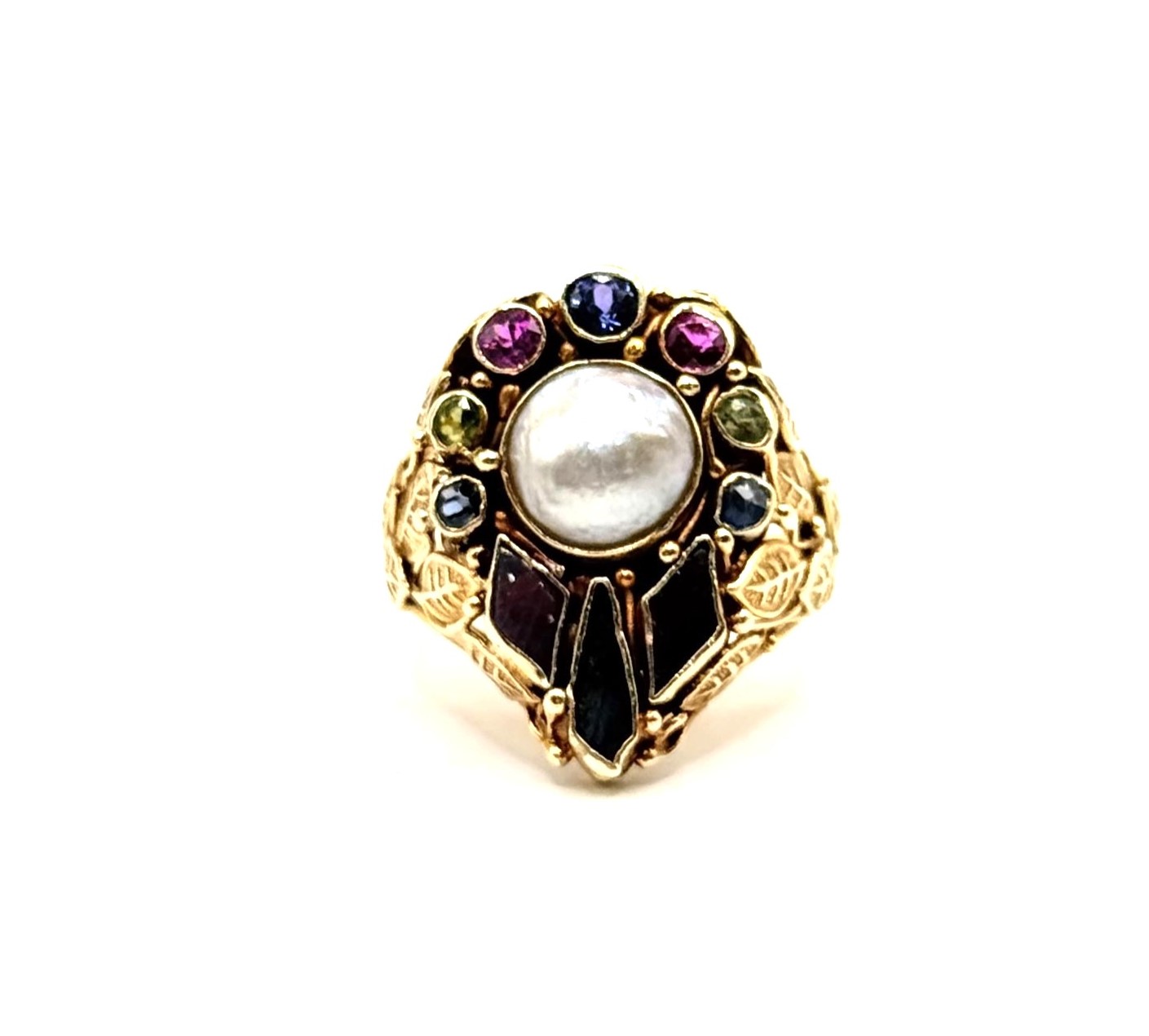14 Karat Yellow Gold Estate Princess Ring With Pearl & Multiple Gemstones  (AS IS)
Ring Size 6