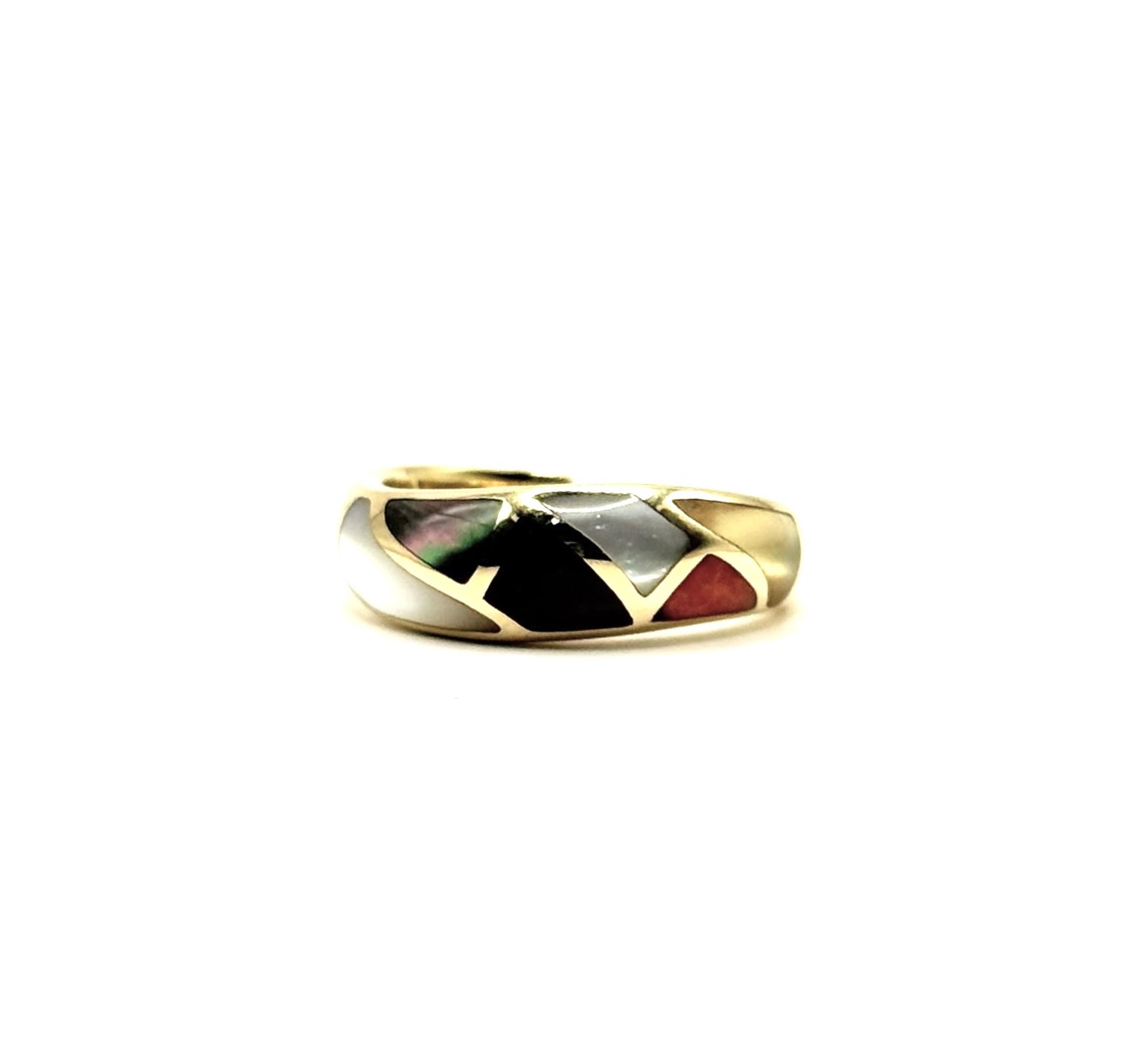 Estate14K Yellow Gold Designer Asch Grossbardt Gemstone Inlay  (AS IS)
Mother of Pearl ,Coral, Sugilit

Ring 6.75 (Cannot Be Sized)
