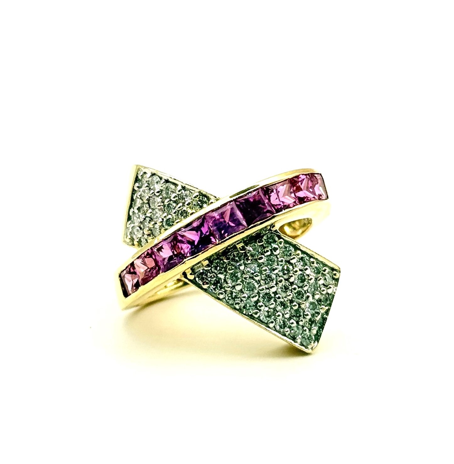 Estate14 Karat Yellow Gold Bypass Fashion Ring With Pink Spinel Approx 2.15Ctw And Diamond Approx 0.80Ctw (AS IS)