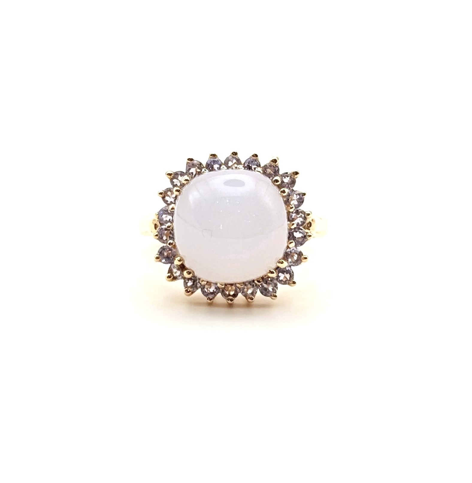 Estate 14 Karat Yellow Gold Fashion Ring With One 12.00mm Round Moonstone And 22=1.75Tw Round Tanzanites (AS IS)
 Ring Size: 9